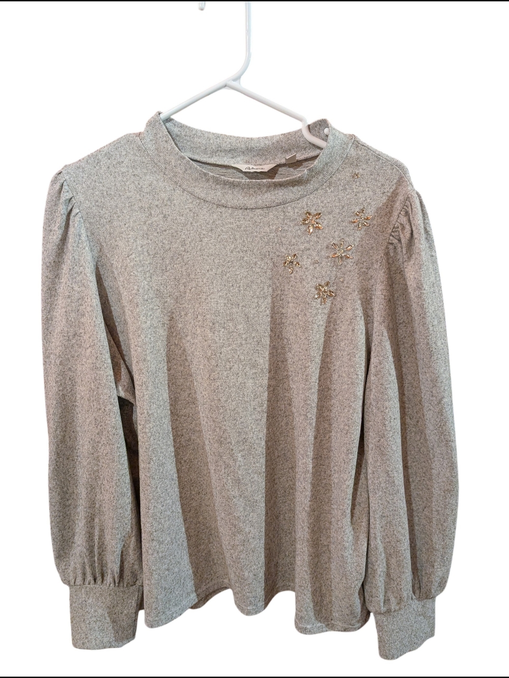Reitmans Light Gray Mock Neck Sweatshirt with Gold Floral Embellishments